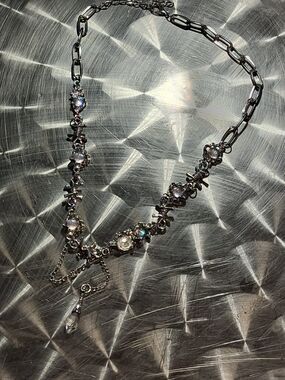 Silver Floral Crystal Necklace with Iridescent Accents